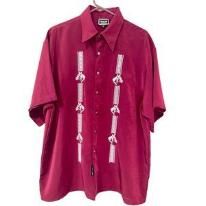 Saxifon‎ Embroidered Horses Maroon Short Sleeve Button Up Shirt Size Large
